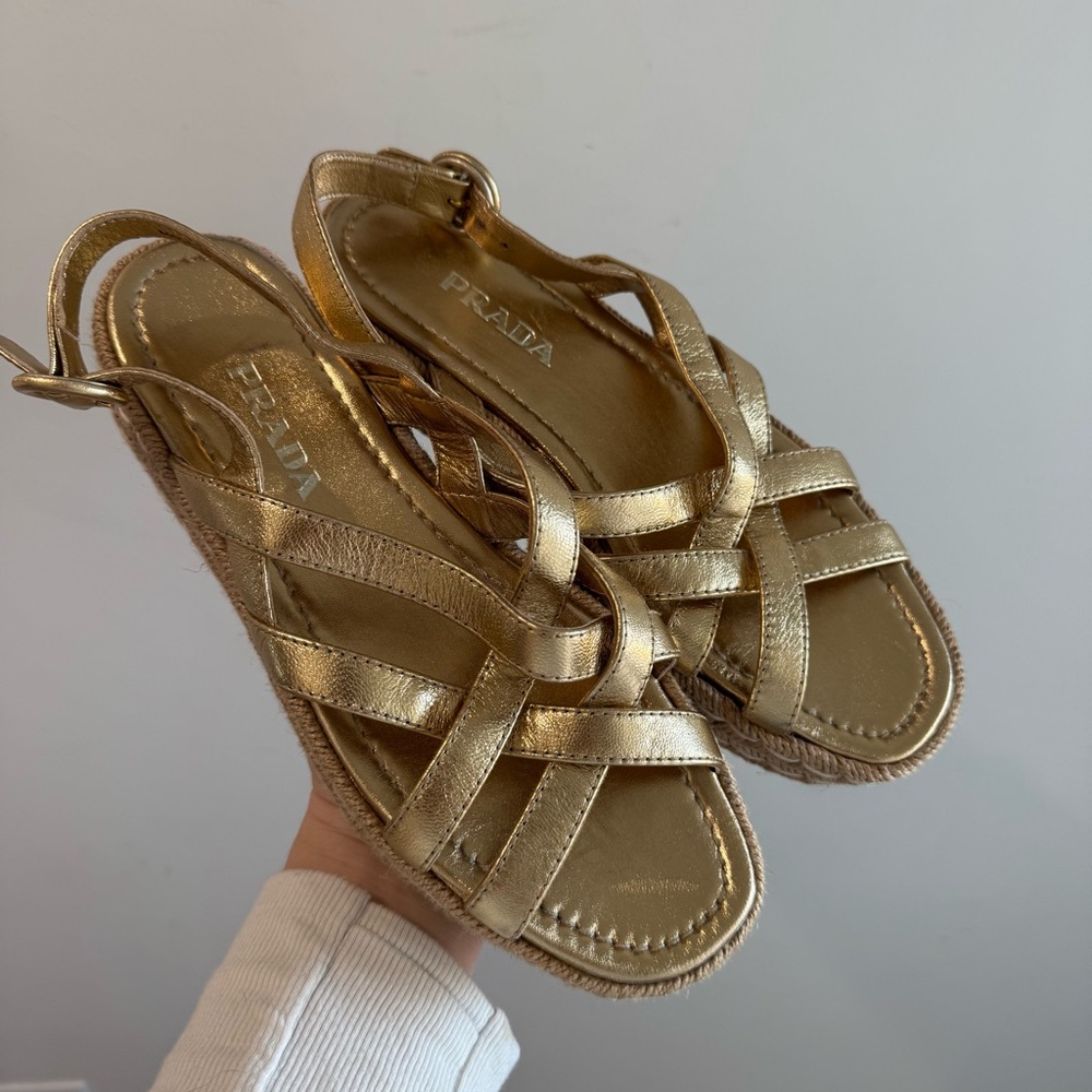 Prada Strappy Gold Leather Platform Espadrilles‎ Size 37.5 - Picture 3 of 9